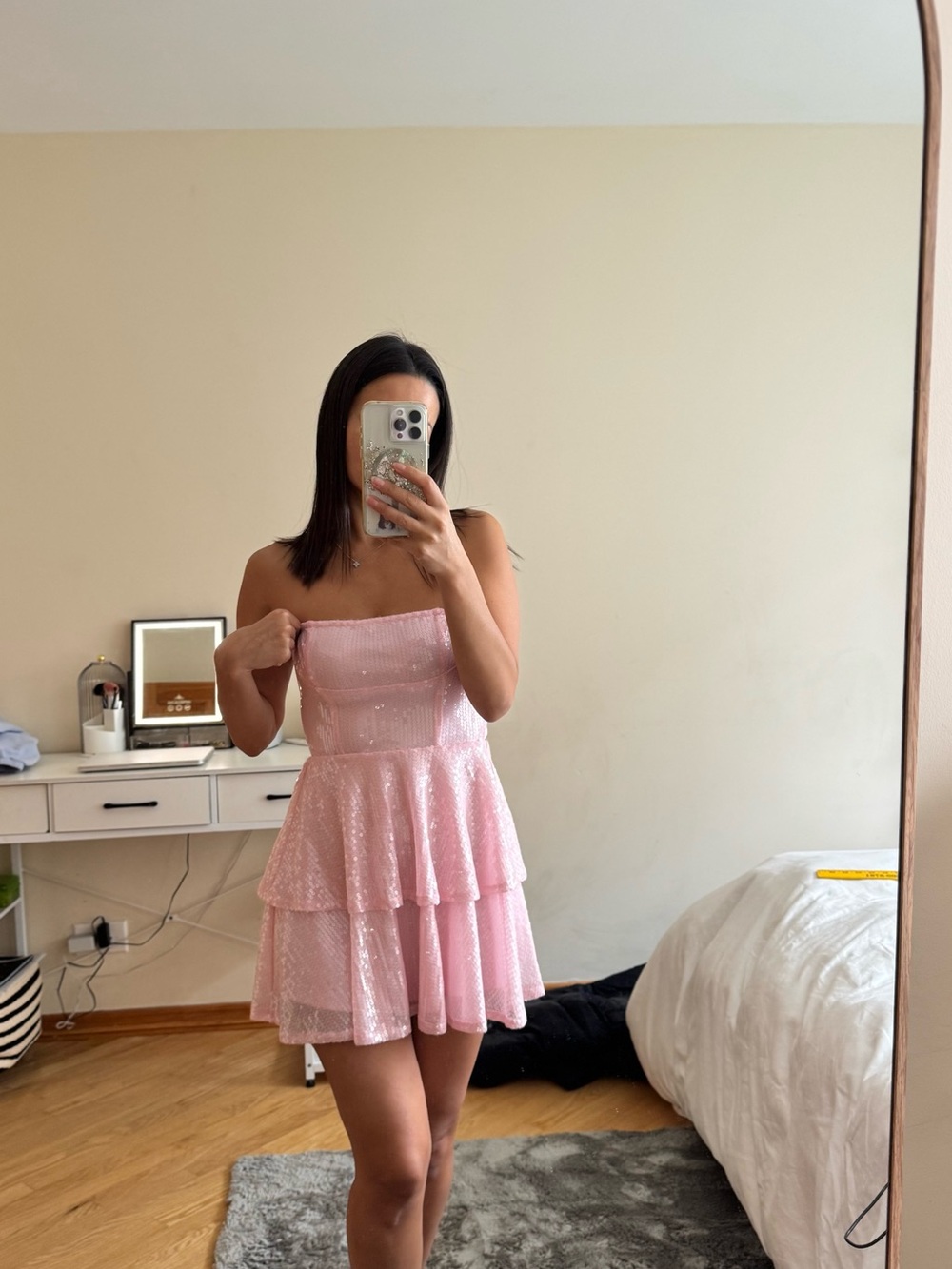 Lucy in the Sky Strapless Pink Sequin Tiered Dress